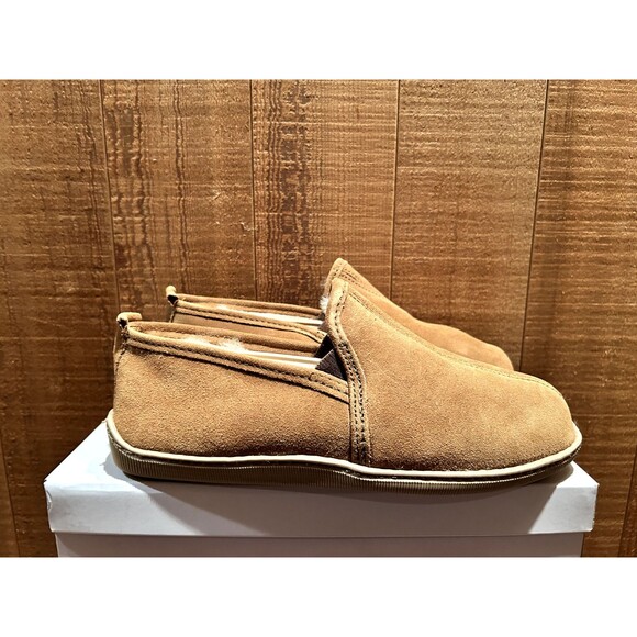 Minnetonka 3731 Men\'s Slipper US 9 Twin Gore Sheepskin Golden Tan Suede